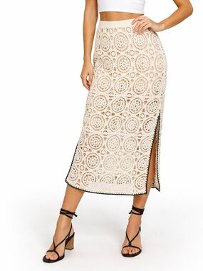 Boho Crochet Midi Skirt Cream w/ Black Trim Side Slit Lined XL
